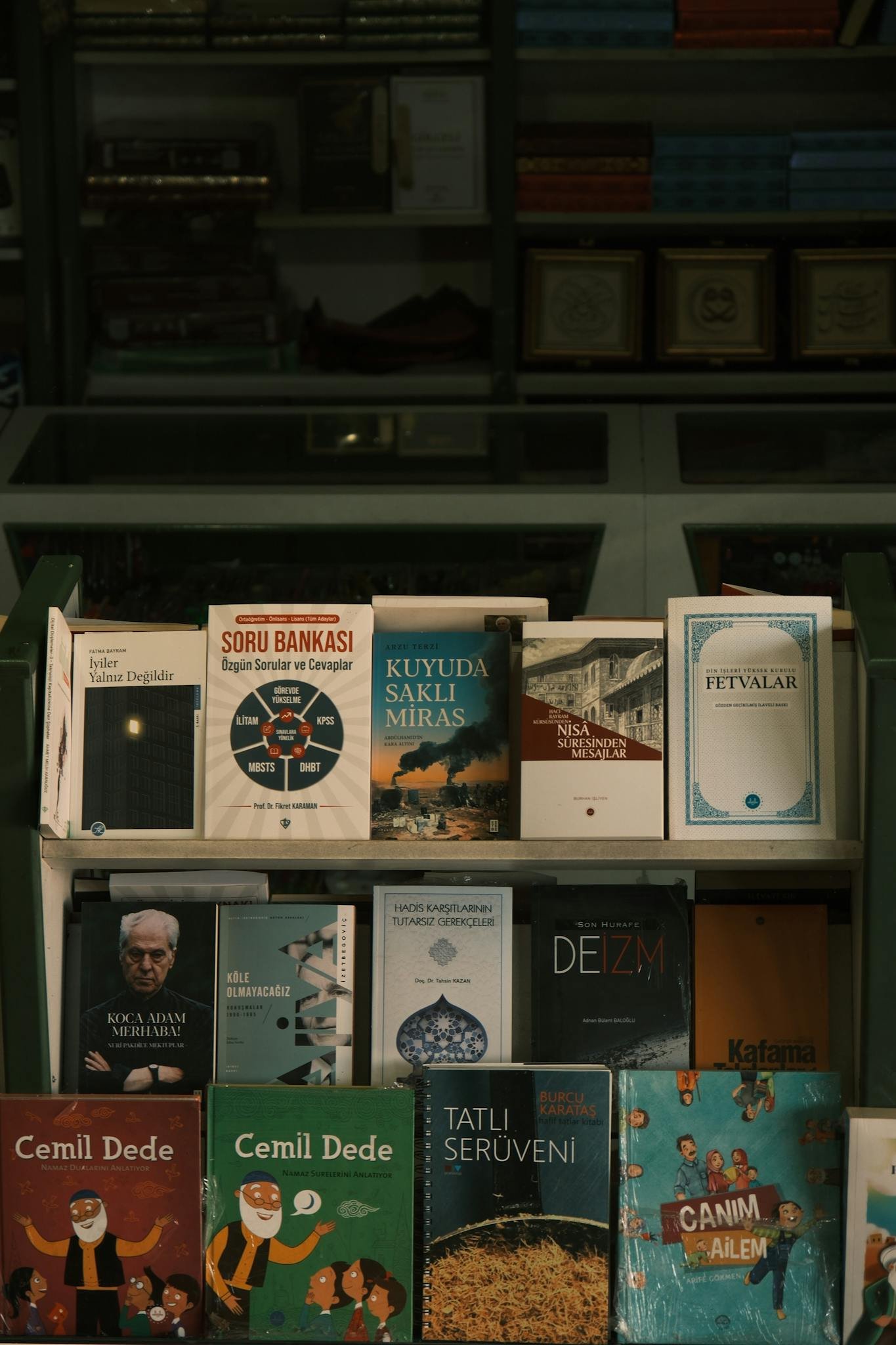 A bookshelf displaying a variety of books in a bookstore setting.