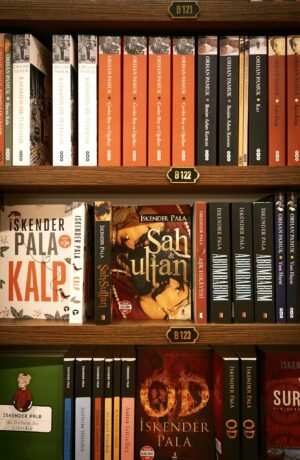 Bookshelf featuring various novels by author Iskender Pala in a bookstore.