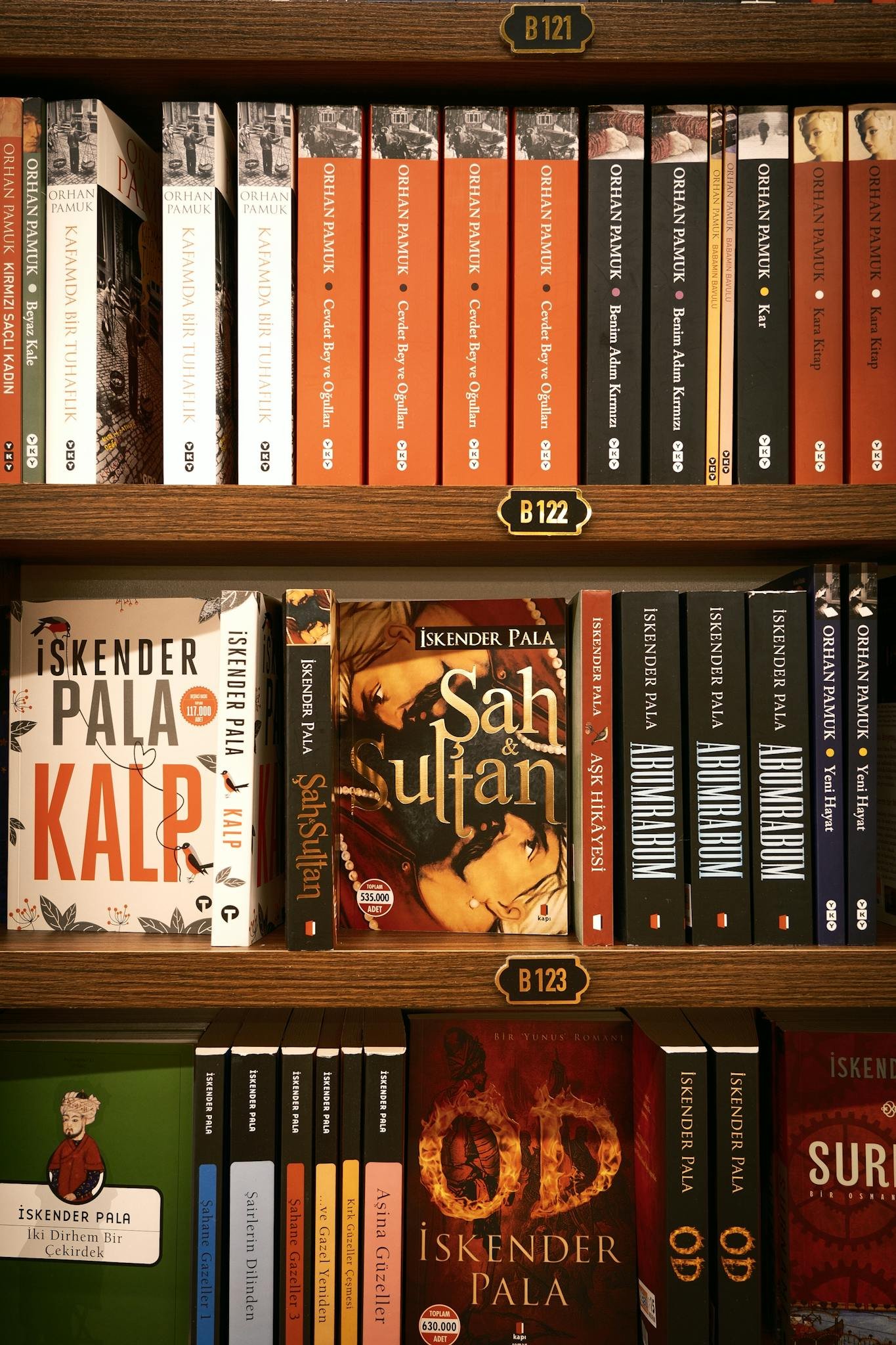 Bookshelf featuring various novels by author Iskender Pala in a bookstore.