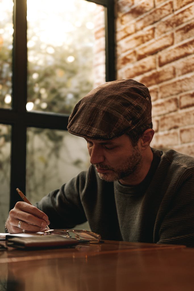 Man in a hat writing indoors by brick wall window in warm light.